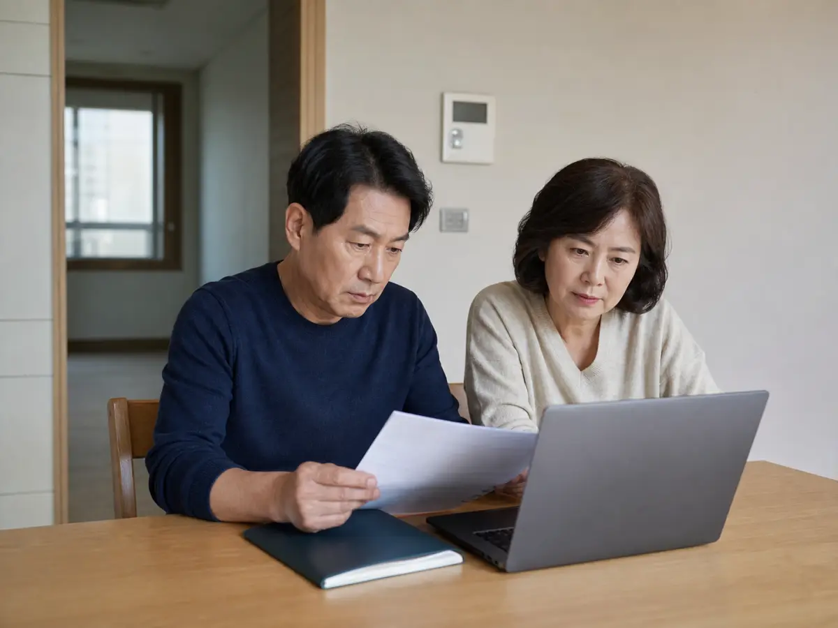 임대차계약서로 온라인 확정일자 신청을 준비하는 한국인 부부