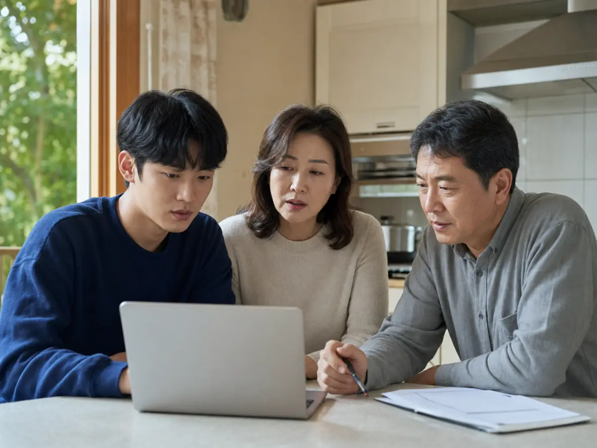 국가장학금 신청과 가구원 동의 상태를 확인하는 한국인 가족