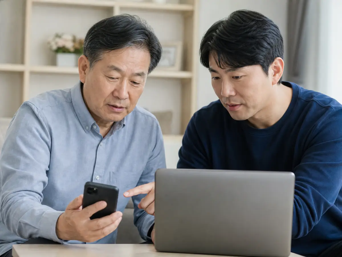 본인 명의 휴대전화 가입 현황을 확인하는 한국인 가족