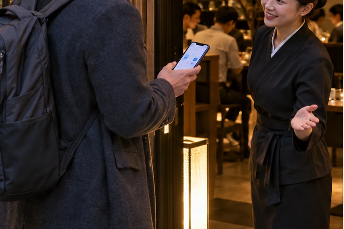 International visitor confirming a smartphone reservation with a host at a Seoul restaurant