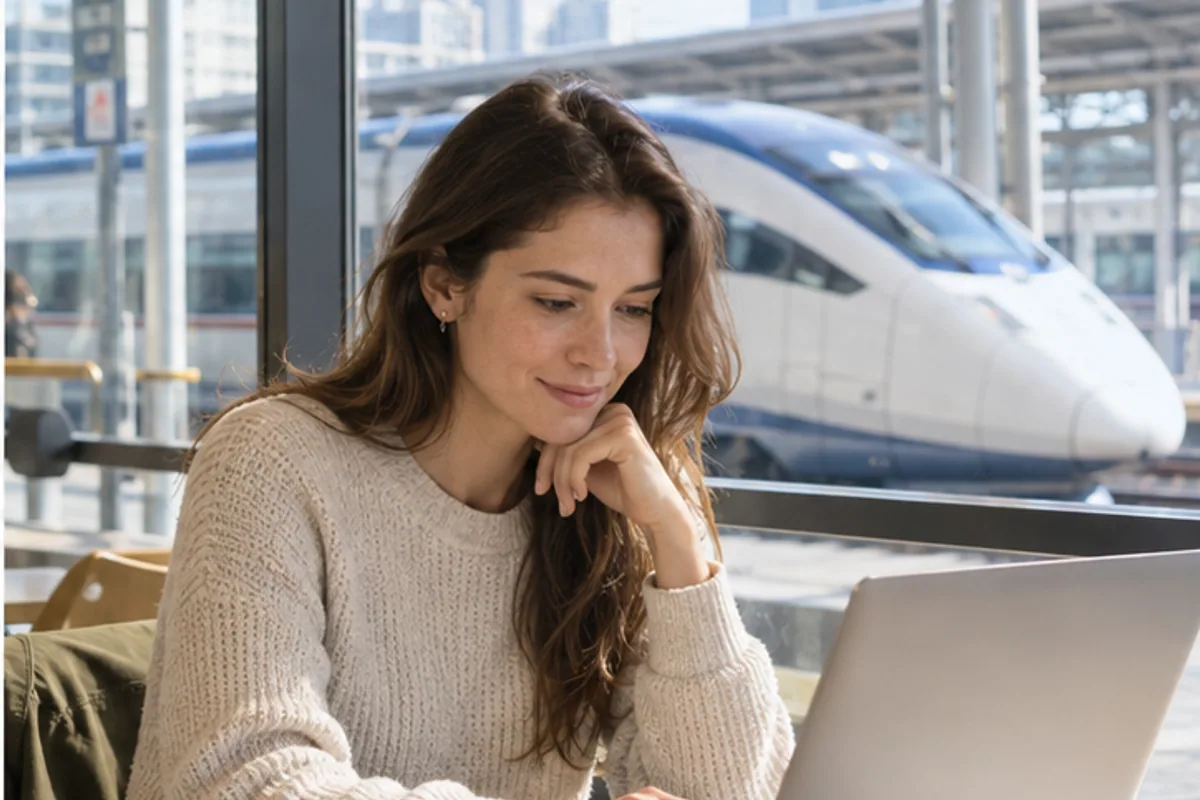 International traveler booking a KTX ticket on a laptop beside a Korean high-speed train