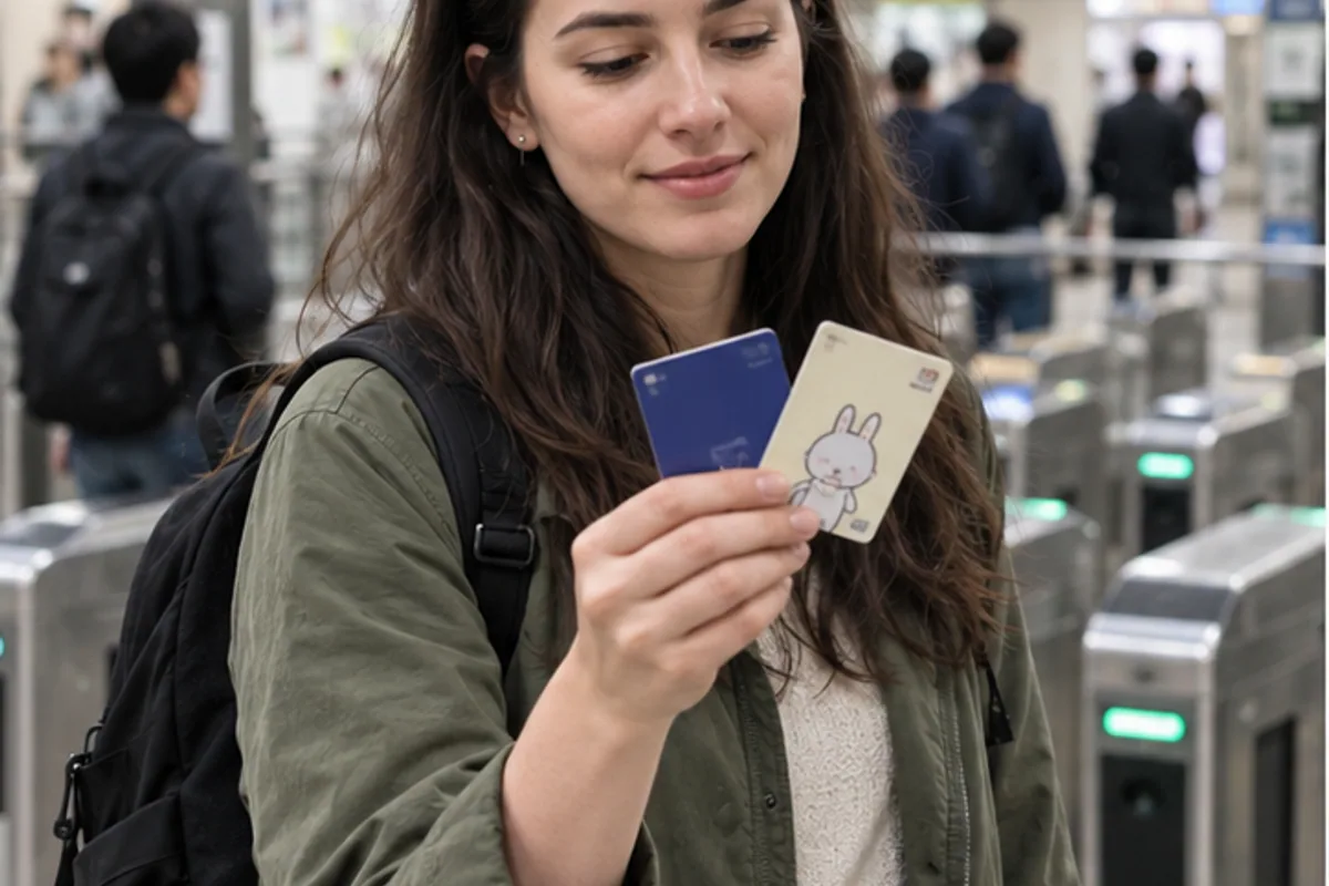 Visitor comparing two transit cards at a Seoul subway entrance