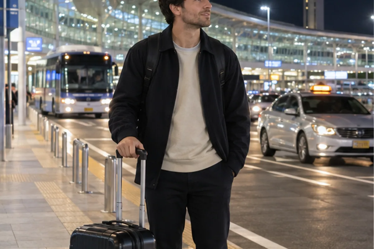 International traveler with a suitcase at the Incheon Airport transport curb after midnight