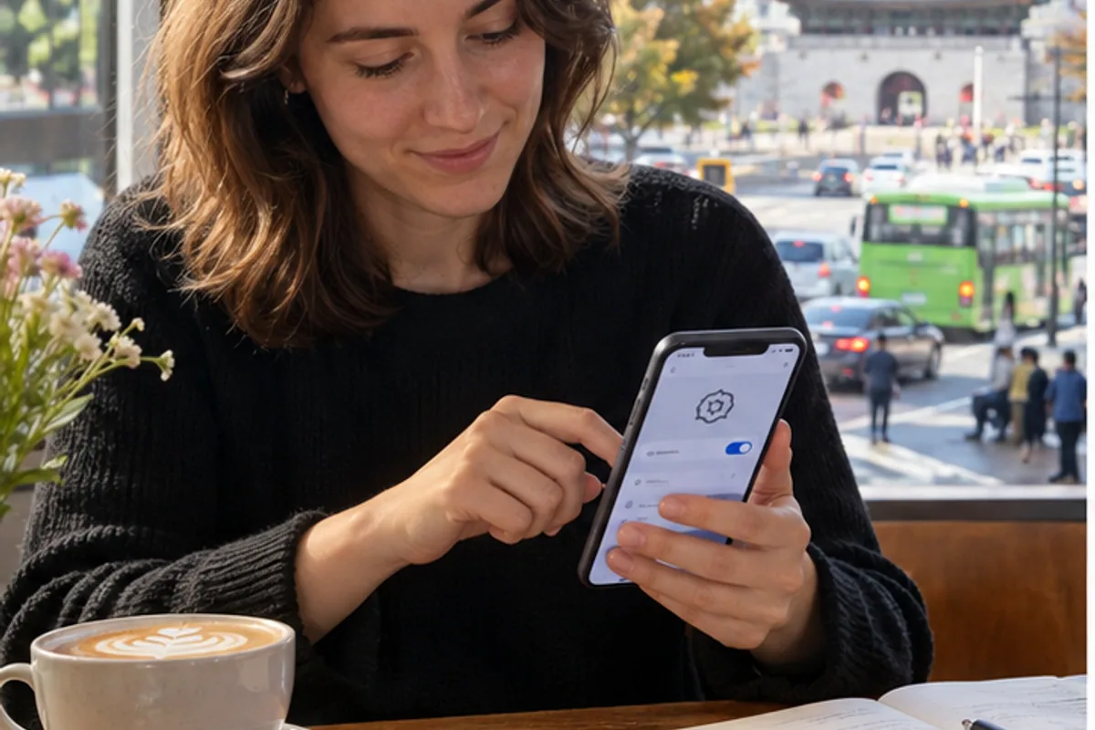Traveler setting up an eSIM on a smartphone in a Seoul cafe