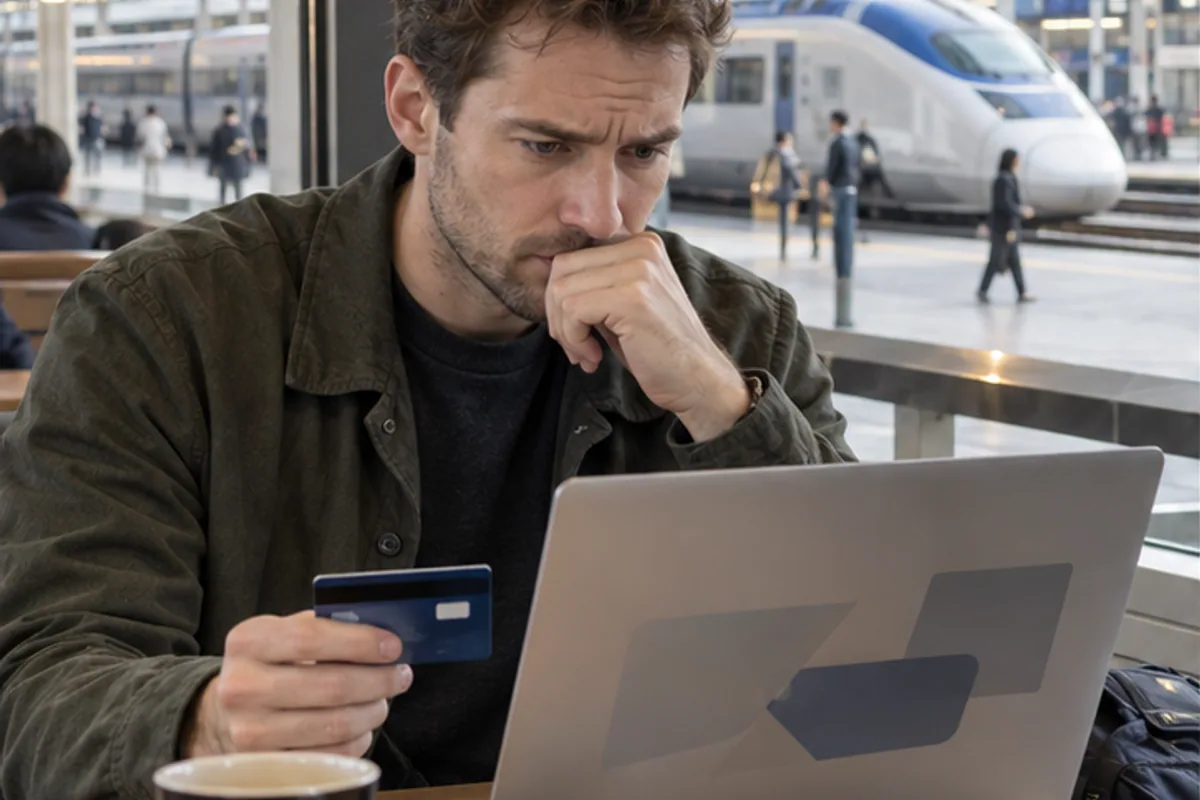 Traveler checking a failed foreign-card payment on a laptop near a KTX platform