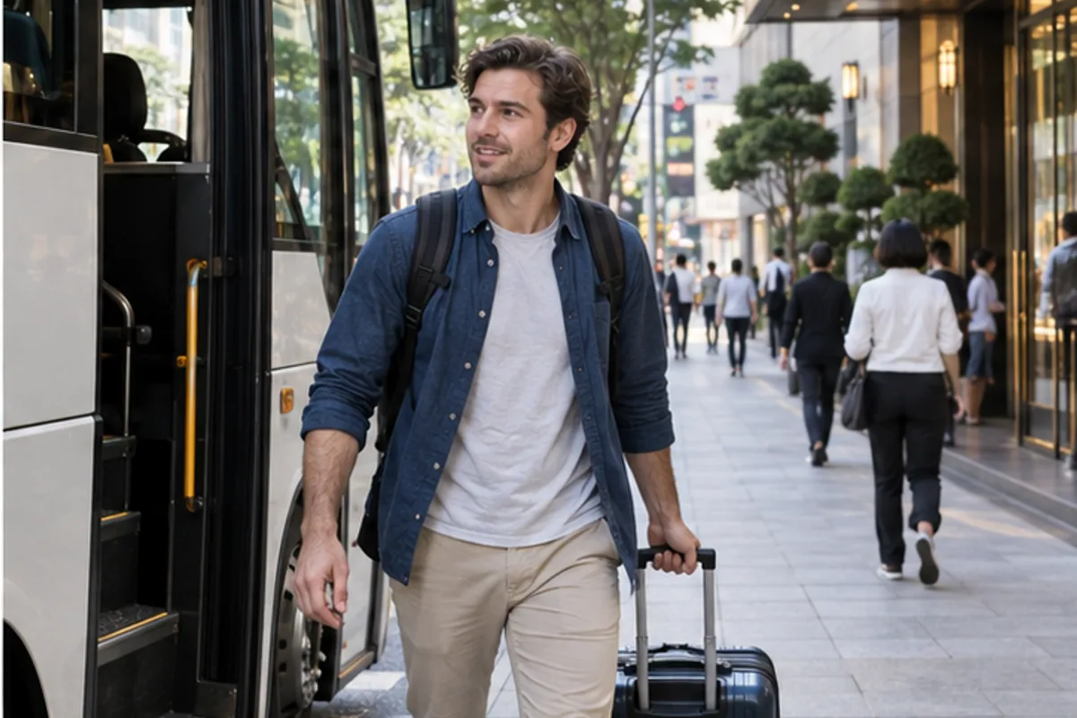 Traveler with a suitcase walking from an airport bus toward a Myeongdong hotel