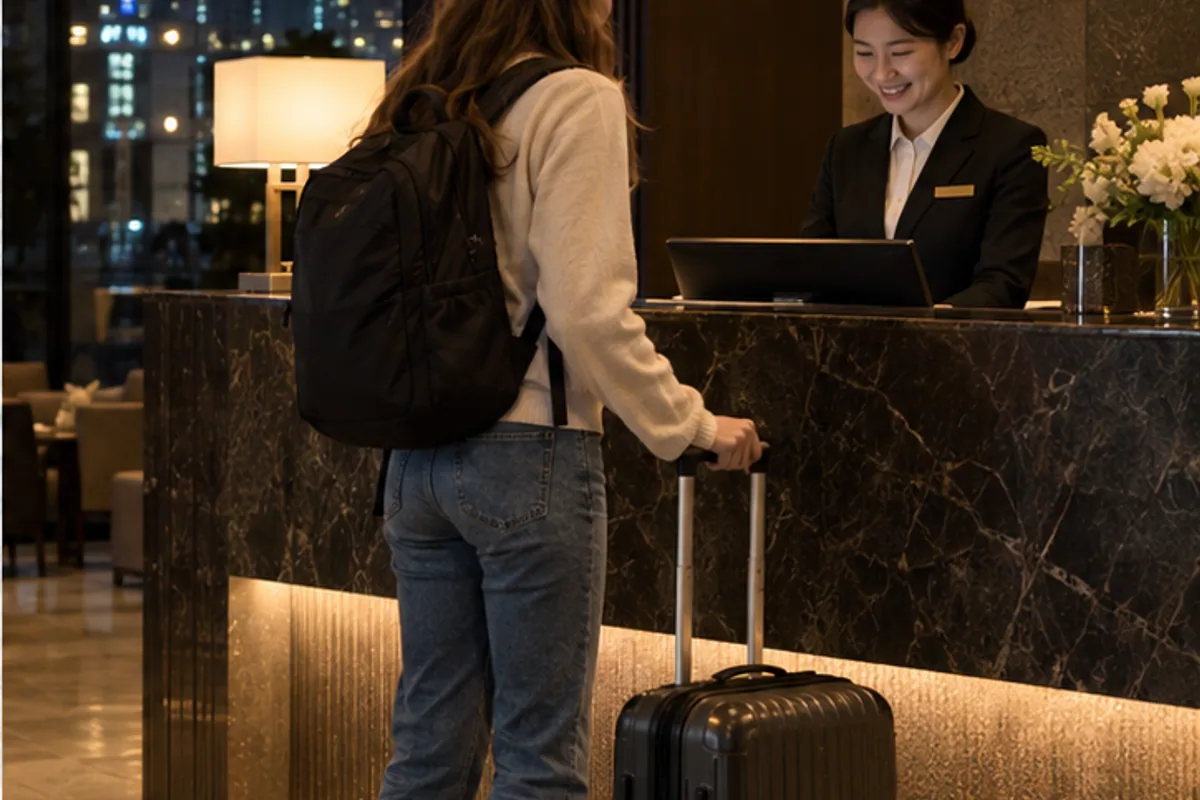 Late-arriving traveler checking in at a staffed Seoul hotel front desk at night