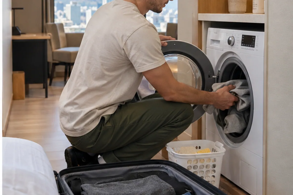 Traveler loading clothes into an in-room washing machine at a Seoul serviced apartment