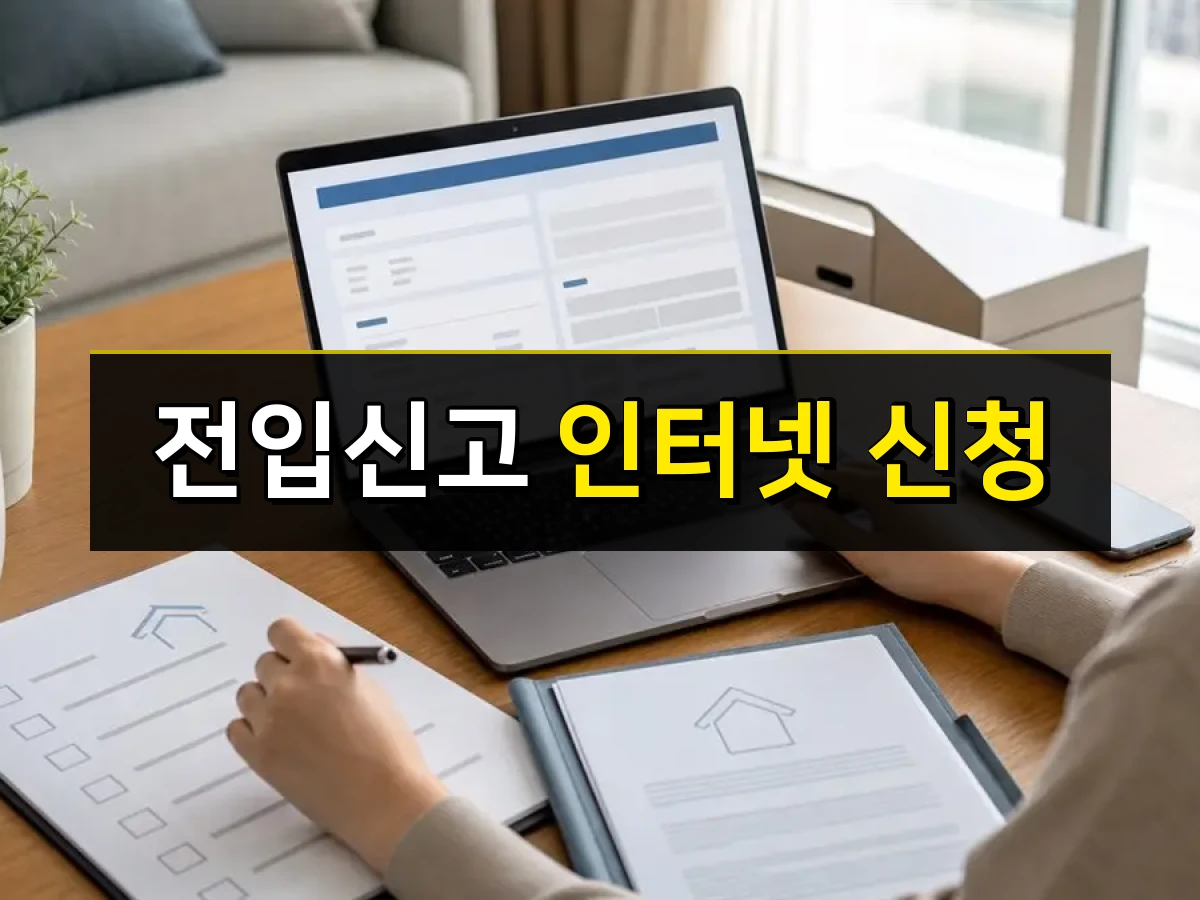 전입신고 인터넷 신청을 위해 노트북과 주소 서류를 확인하는 모습, 중앙에 전입신고 인터넷 신청 문구