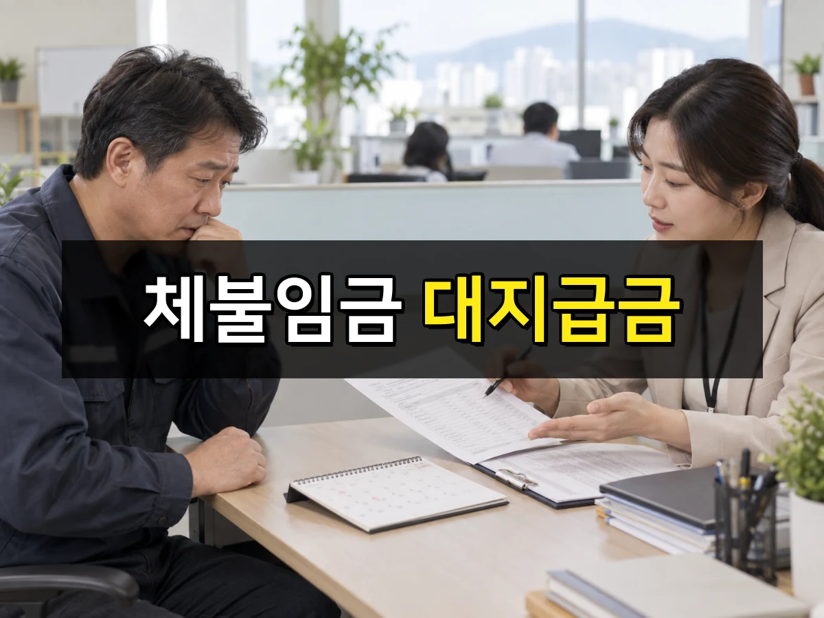 한국인 근로자가 노동상담 창구에서 급여자료를 확인하는 모습, 중앙에 체불임금 대지급금 문구