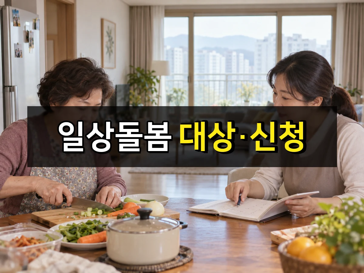 한국 가정에서 이용자와 돌봄 제공인력이 식사와 일정을 확인하는 모습, 중앙에 일상돌봄 대상·신청 문구