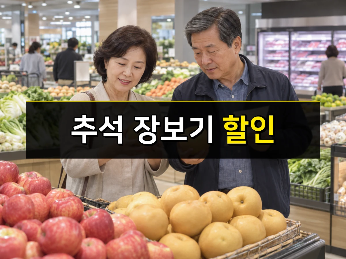 한국인 중년 부부가 마트에서 추석 장보기용 배와 채소를 살펴보는 모습, 중앙에 추석 장보기 할인 문구