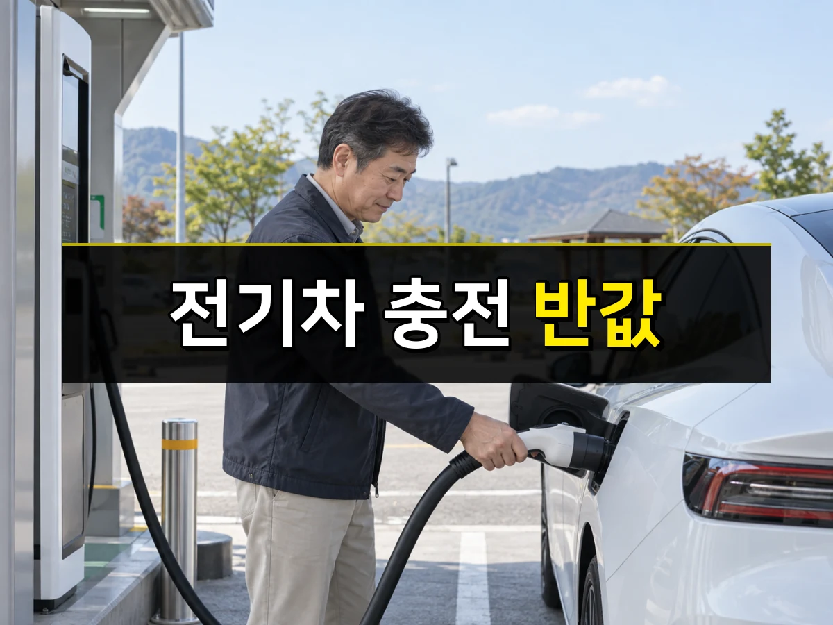 한국인 중년 운전자가 공공 전기차 충전기에서 차량을 충전하는 모습, 중앙에 전기차 충전 반값 문구