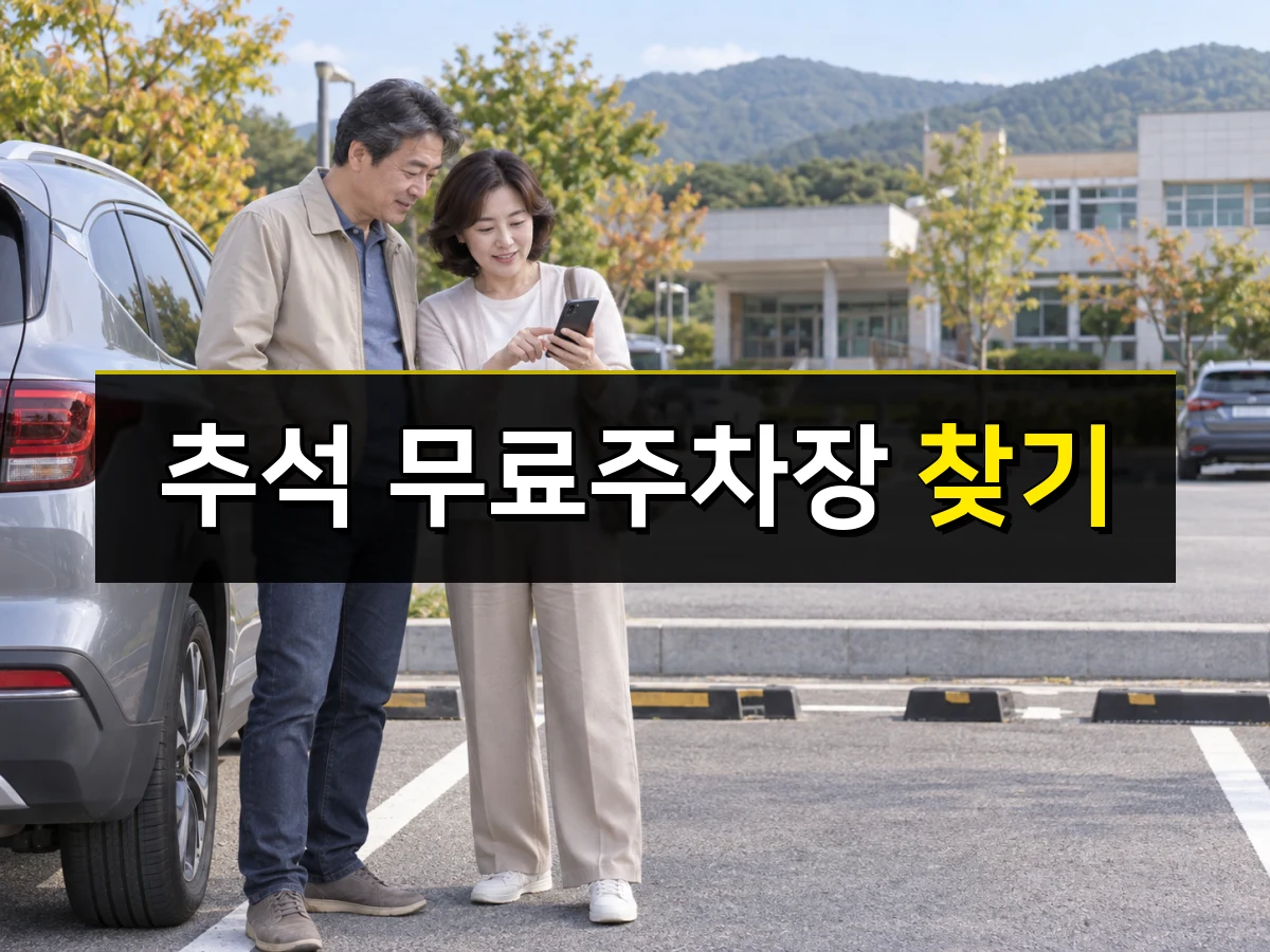 한국인 중년 부부가 공공기관 주차장에서 휴대전화로 무료 주차장 위치를 확인하는 모습, 중앙에 추석 무료주차장 찾기 문구