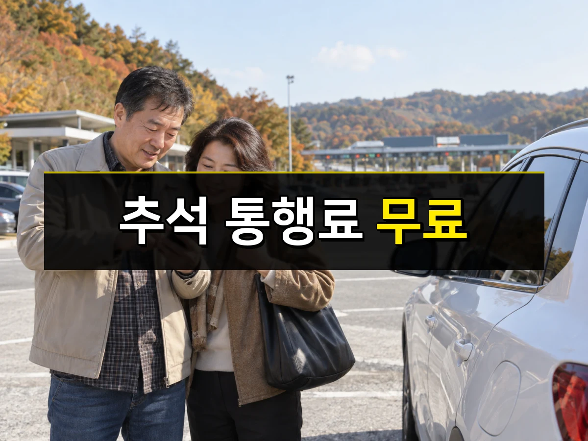 고속도로 휴게소에 차를 세운 한국인 중년 부부가 휴대전화로 이동 경로를 확인하는 모습, 중앙에 추석 통행료 무료 문구