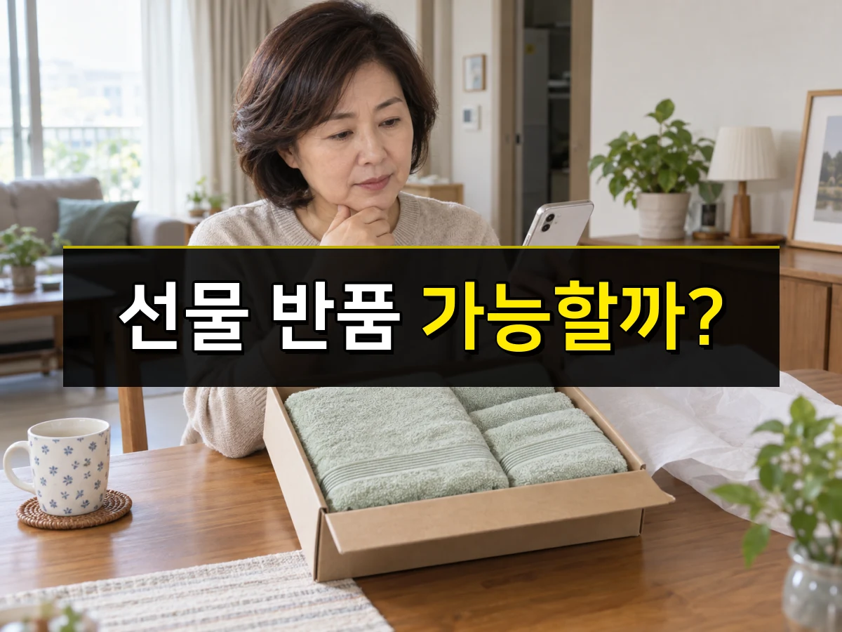 한국인 중년 여성이 열린 수건 선물 상자 앞에서 스마트폰을 확인하는 모습, 중앙에 선물 반품 가능할까 문구