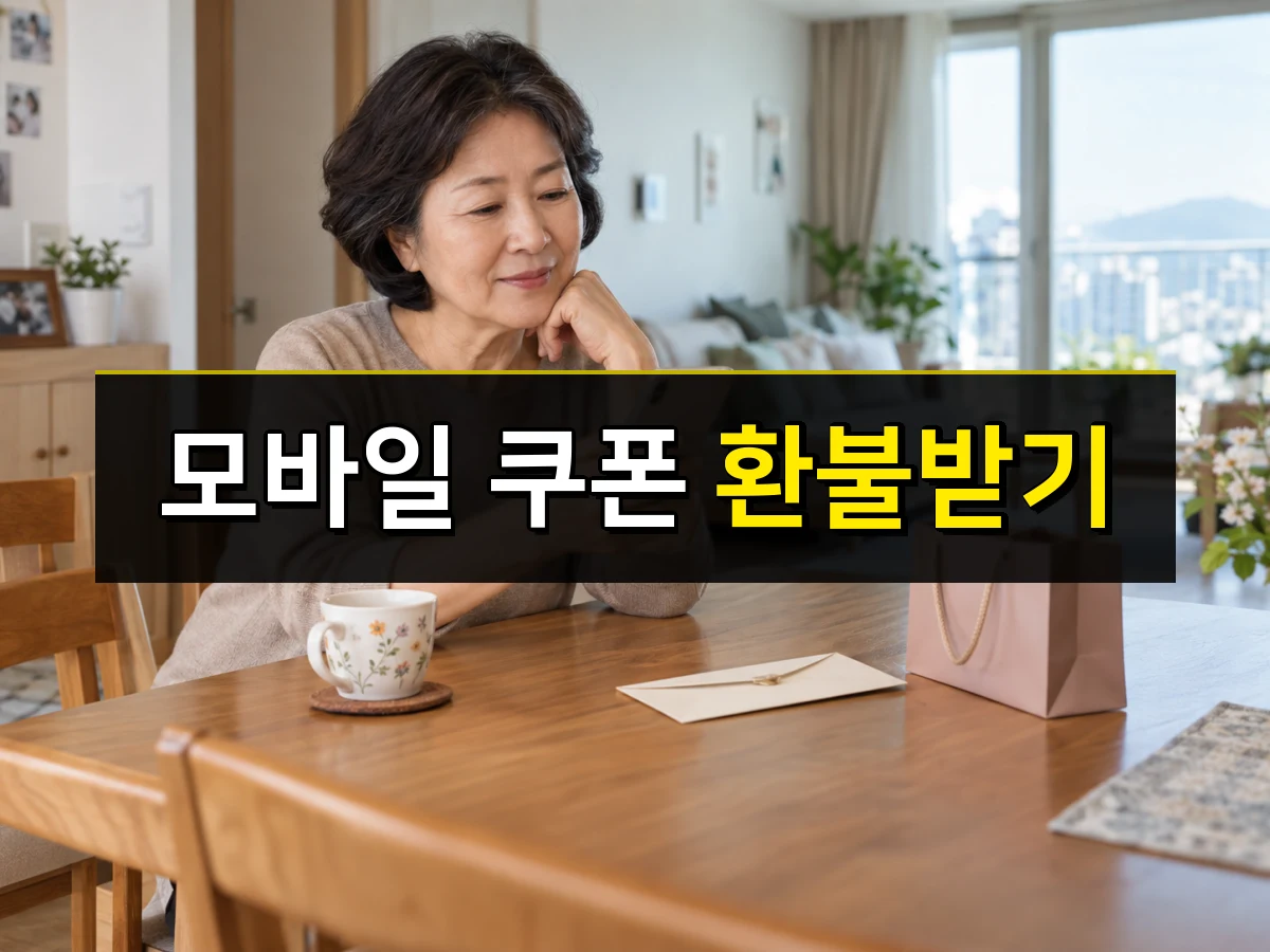 선물 봉투와 찻잔 앞에 앉아 있는 한국인 중년 여성, 중앙에 모바일 쿠폰 환불받기 문구