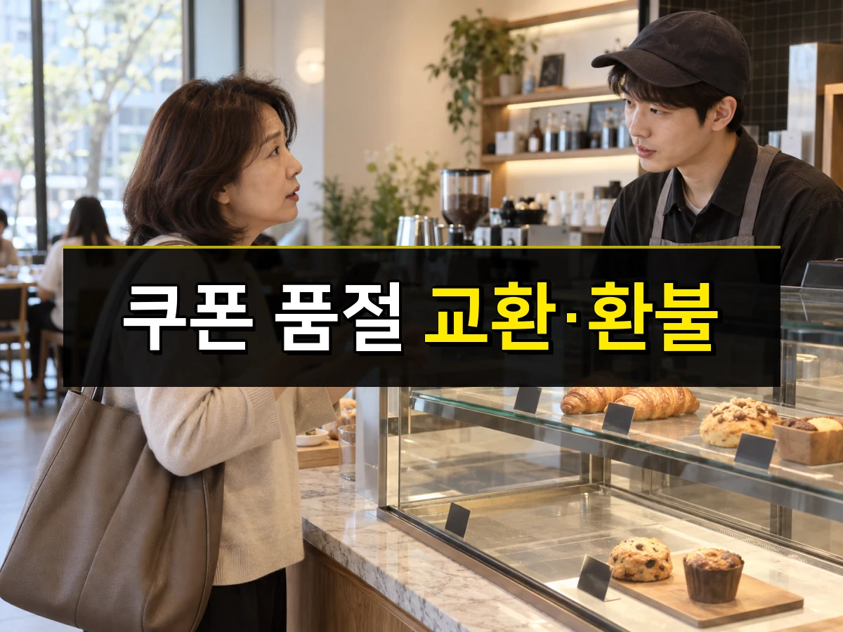 카페 빵 진열대 앞에서 직원과 이야기하는 한국인 중년 여성, 중앙에 쿠폰 품절 교환·환불 문구