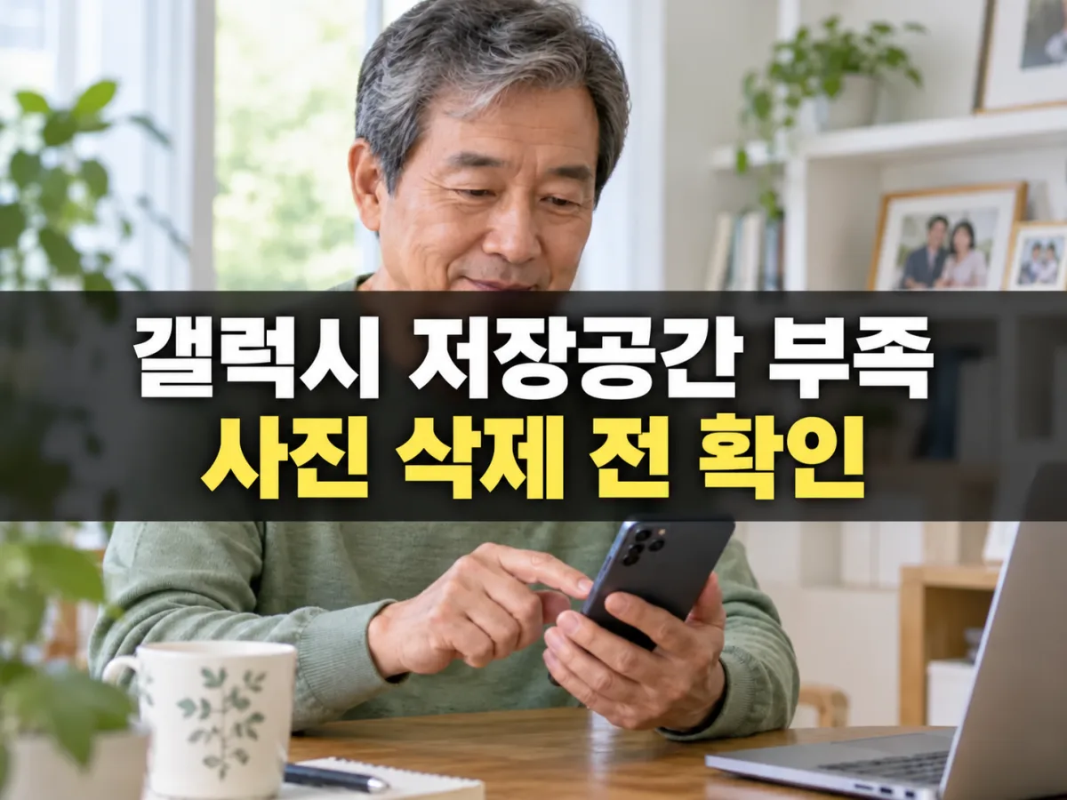 스마트폰을 확인하는 중년 남성과 갤럭시 저장공간 부족·사진 삭제 전 확인 문구가 있는 썸네일