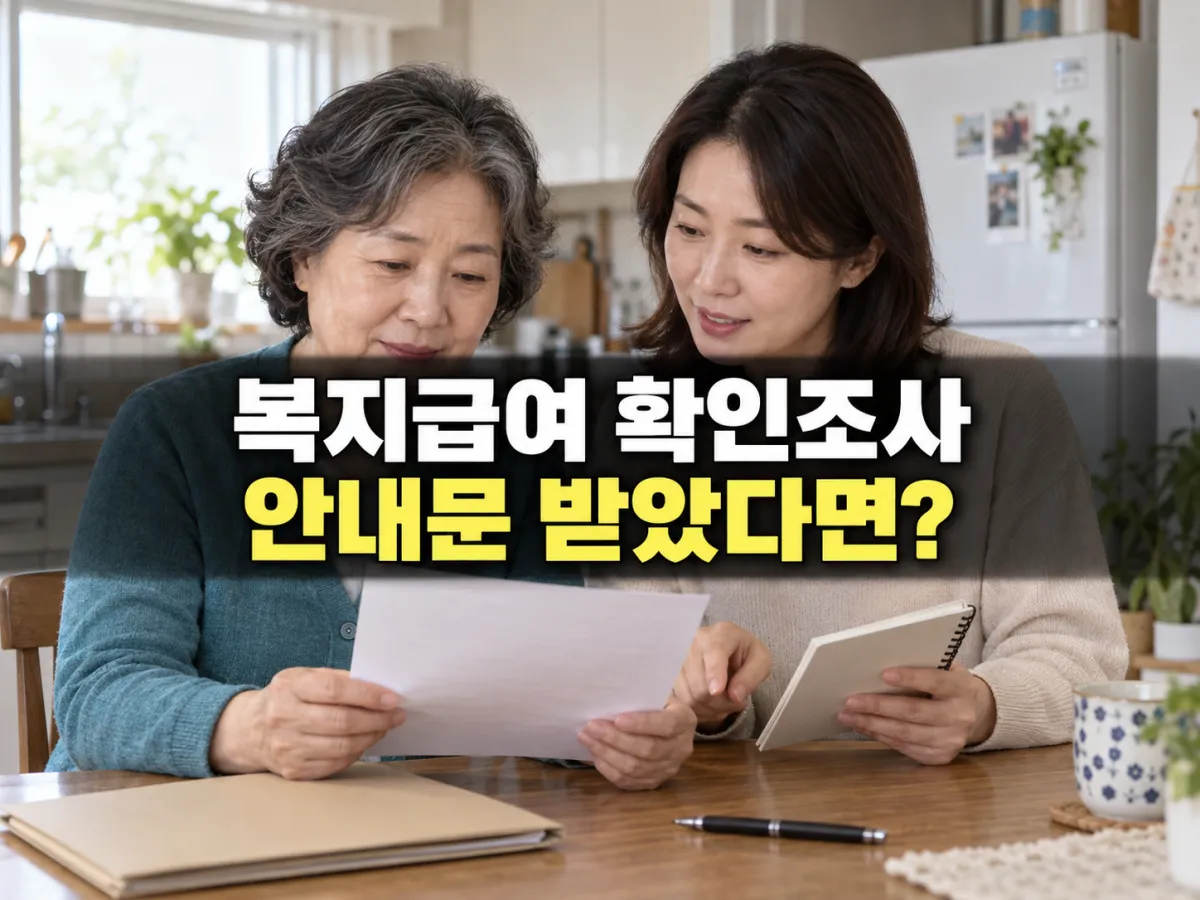 집에서 종이 안내문과 메모장을 함께 확인하는 두 여성, 복지급여 확인조사·안내문 받았다면 문구