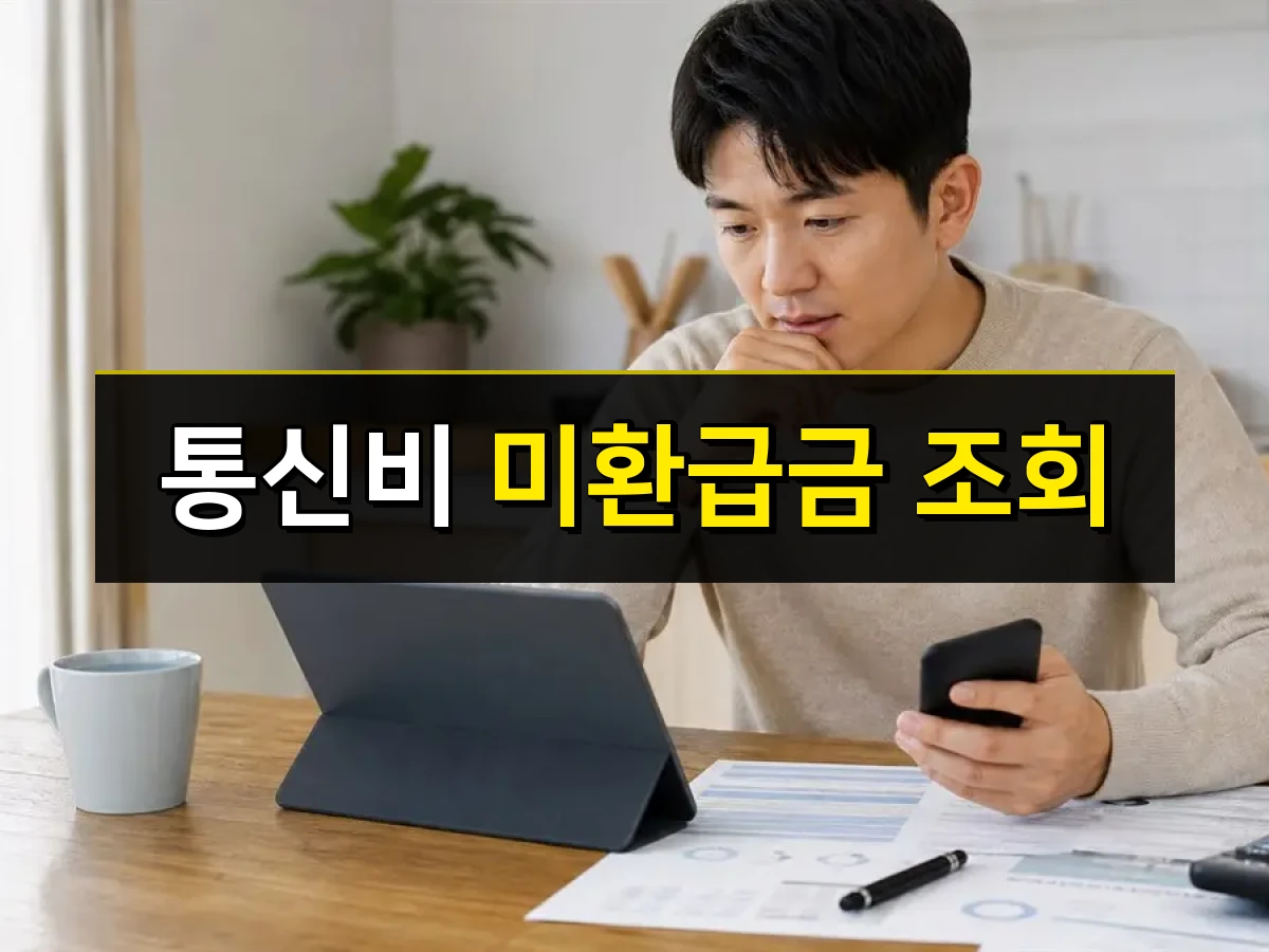 통신비 미환급금 조회를 위해 스마트폰과 청구서를 확인하는 모습, 중앙에 통신비 미환급금 조회 문구