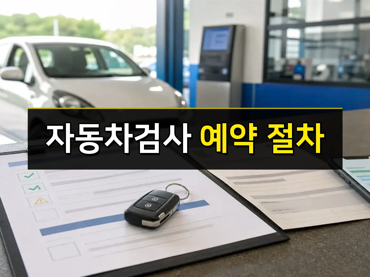 자동차검사 예약 전 차량과 검사 서류를 확인하는 모습, 중앙에 자동차검사 예약 절차 문구