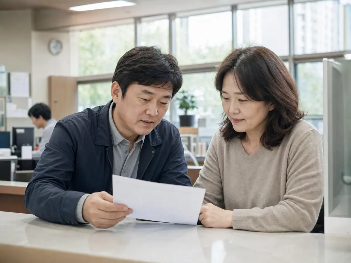 실내 상담 창구에서 흰 종이를 함께 살펴보는 중년 남성과 여성