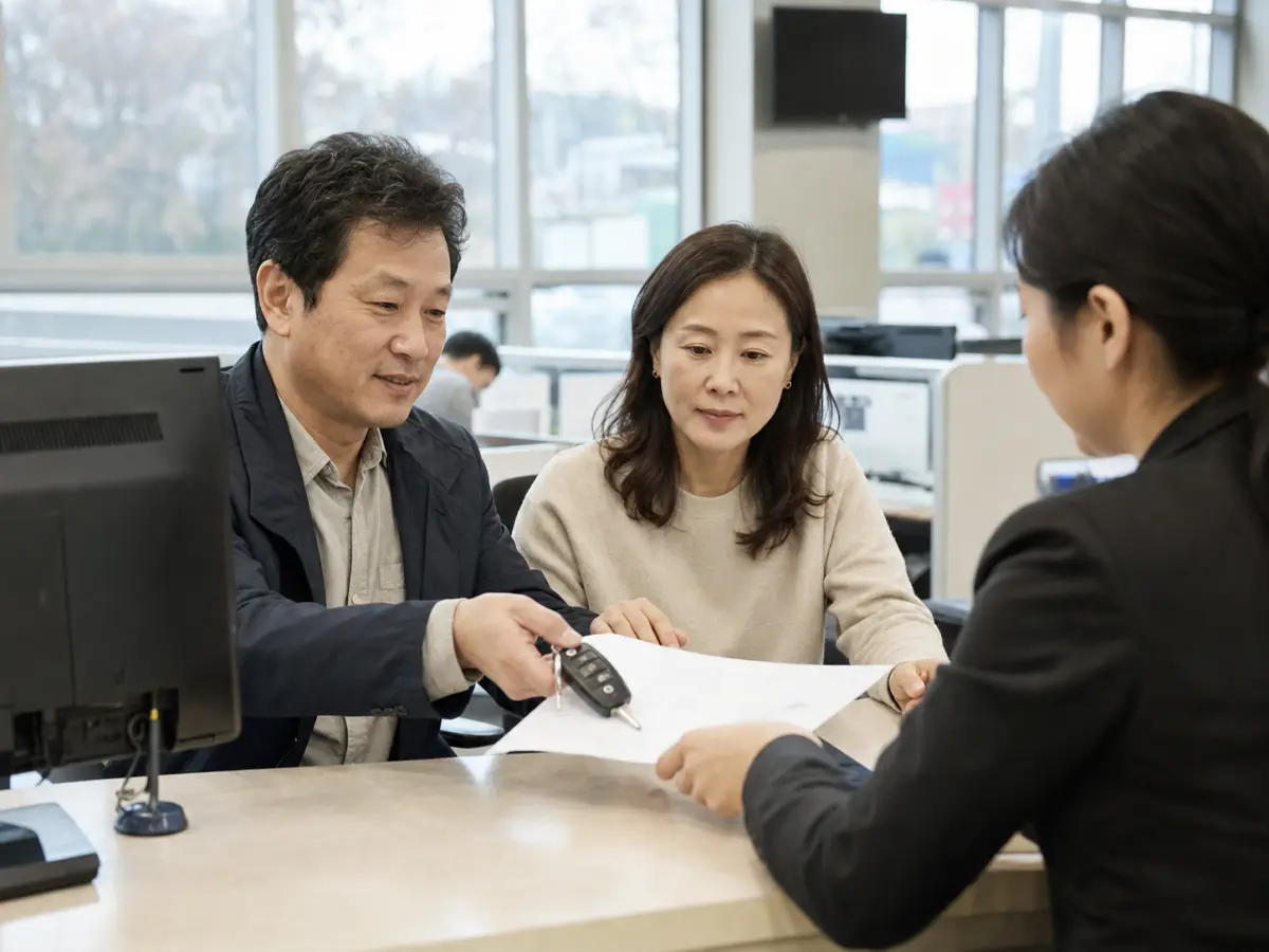 상담 창구에서 남성이 자동차 열쇠와 서류를 직원에게 건네고 옆의 여성이 살펴보는 모습