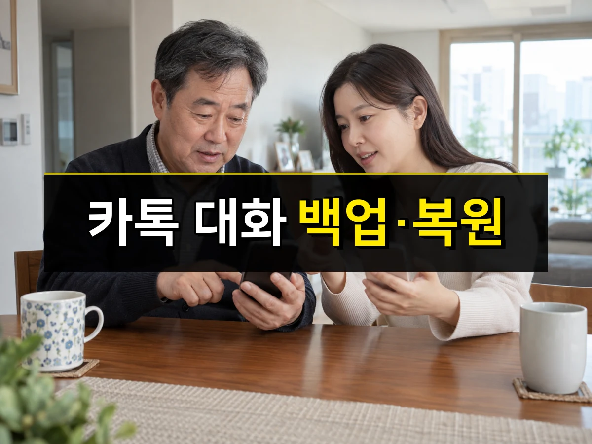 한국인 중년 남성과 성인 여성이 휴대전화 두 대를 살펴보는 장면, 중앙에 카톡 대화 백업·복원 문구