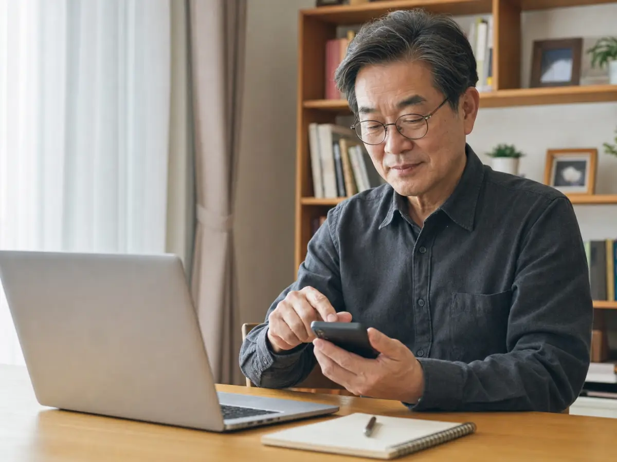 집에서 노트북을 켜고 스마트폰을 조작하는 안경 쓴 중년 남성