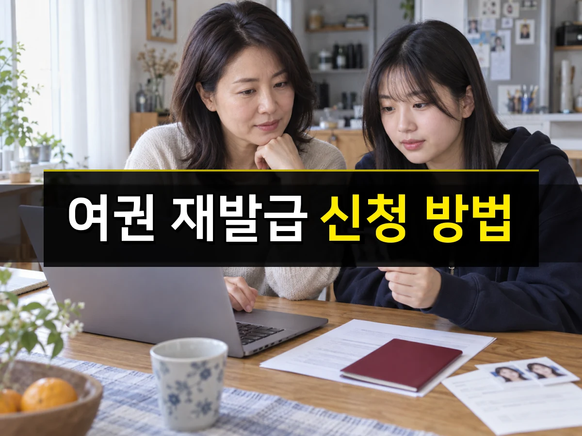 집에서 노트북과 사진 인화물을 확인하는 한국인 모녀, 중앙에 여권 재발급 신청 방법 문구