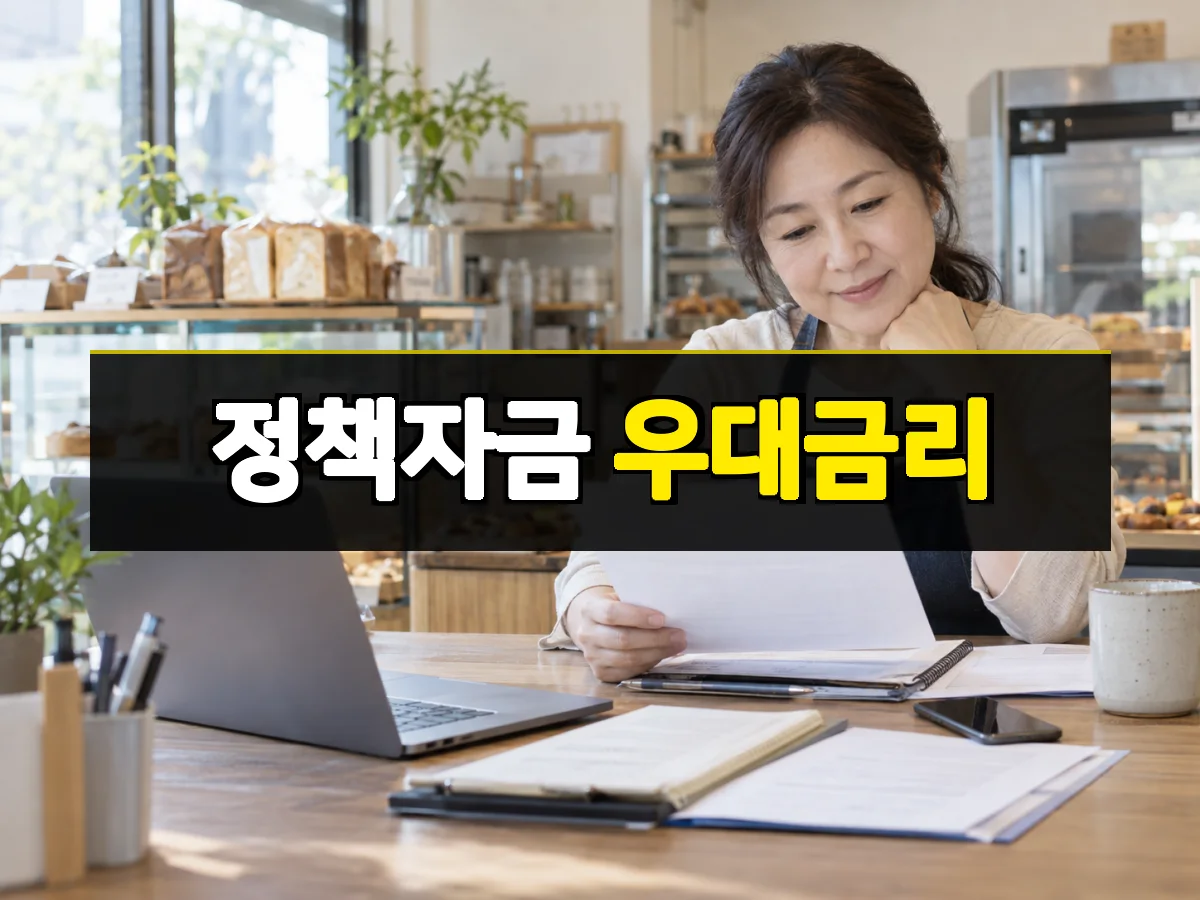 한국인 소상공인이 빵집에서 정책자금 우대 조건 서류를 확인하는 모습, 중앙에 정책자금 우대금리 문구