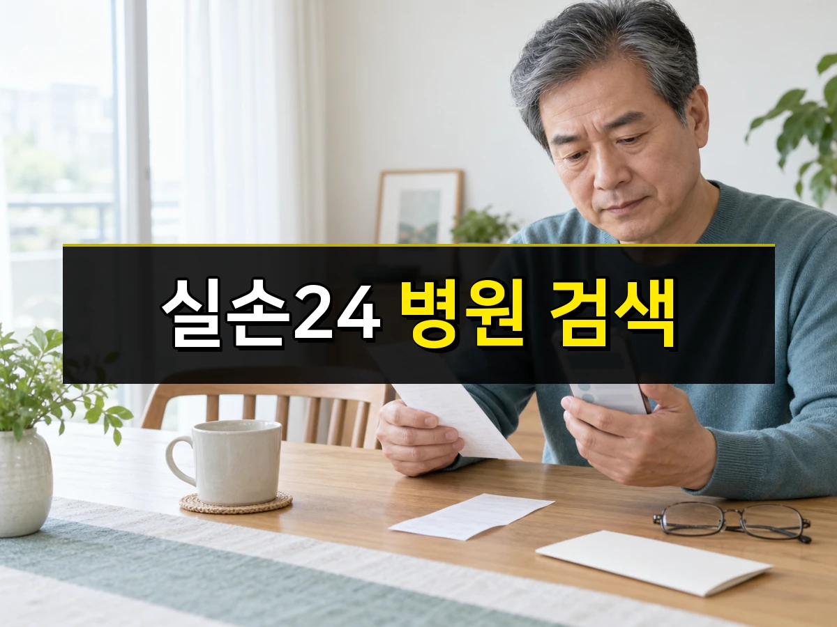 한국인 중년 남성이 진료비 영수증과 스마트폰을 확인하는 모습, 중앙에 실손24 병원 검색 문구