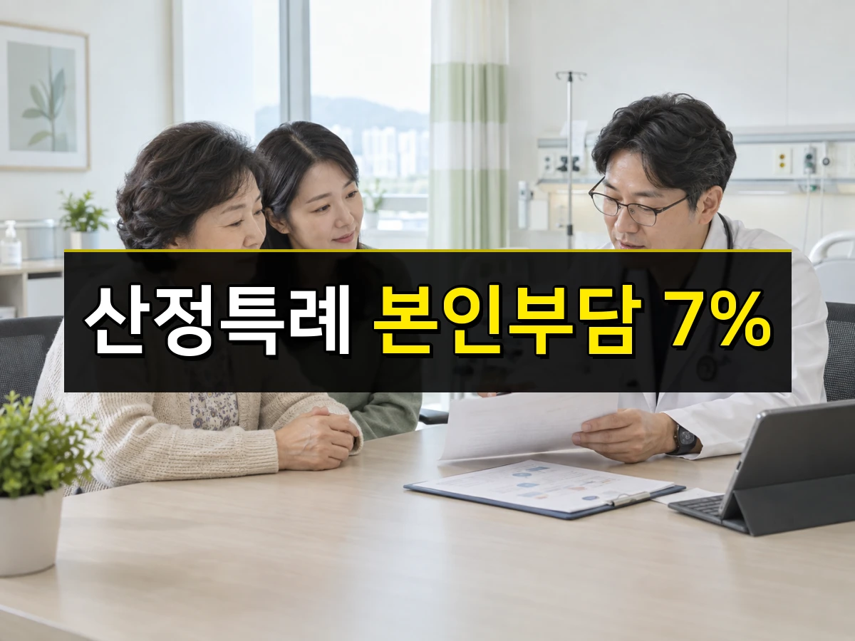 한국 병원에서 희귀·중증난치질환 환자와 가족이 의사에게 진료비 설명을 듣는 모습, 중앙에 산정특례 본인부담 7% 문구