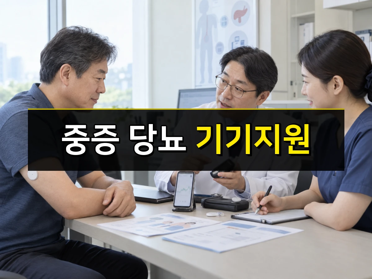 한국 내분비내과에서 중증 2형 당뇨 환자가 의사와 연속혈당측정기·인슐린펌프를 확인하는 모습, 중앙에 중증 당뇨 기기지원 문구