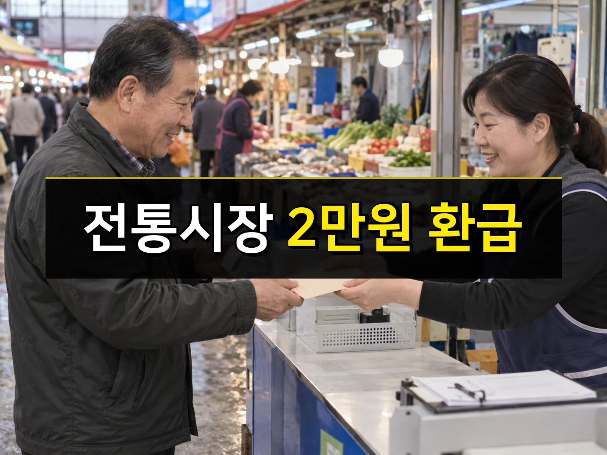한국 전통시장 환급 부스에서 남성이 영수증을 보여 주고 직원에게 온누리상품권 봉투를 받는 모습, 중앙에 전통시장 2만원 환급 문구