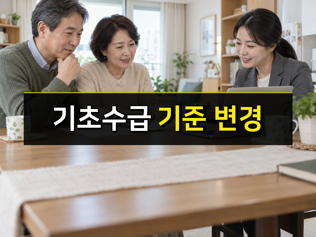 한국인 중년 부부가 복지 상담사와 노트북 및 소득 자료를 확인하는 모습, 중앙에 기초수급 기준 변경 문구
