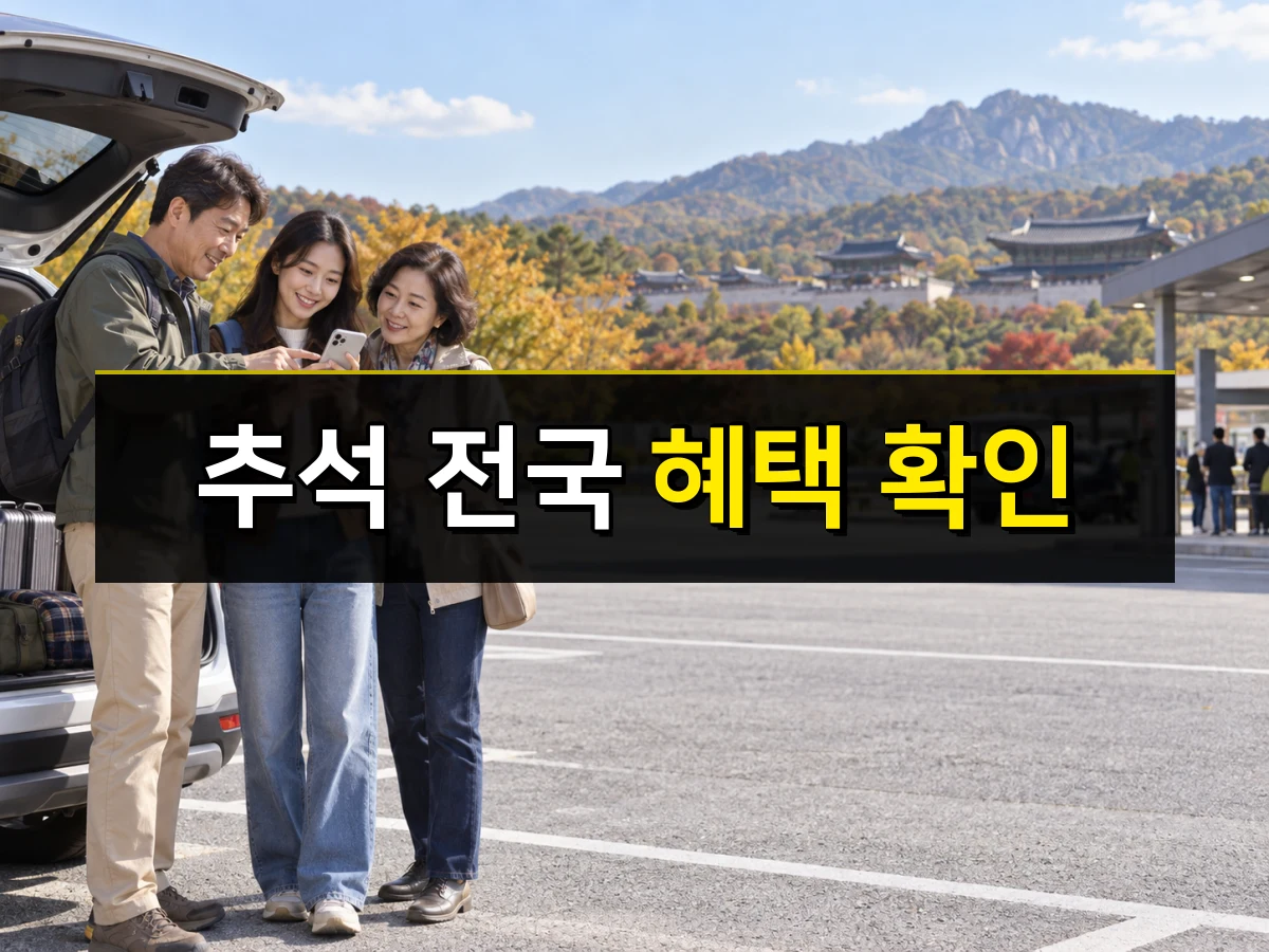 한국인 가족이 자동차 여행 전 휴게소에서 경로를 확인하는 모습, 중앙에 추석 전국 혜택 확인 문구